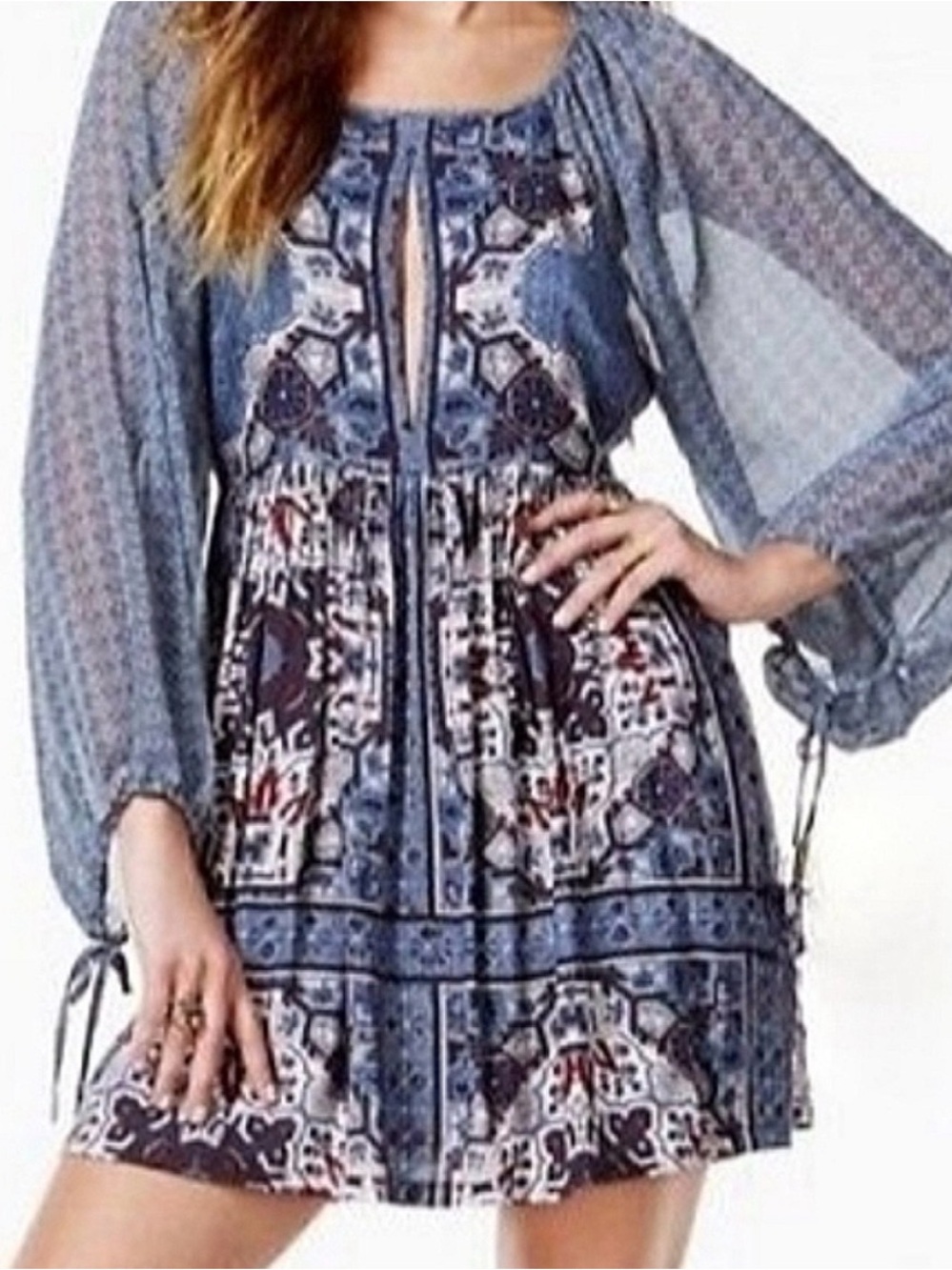 Free People Oksana Blue Mini Dress Sheer Sleeves Womens Size 6